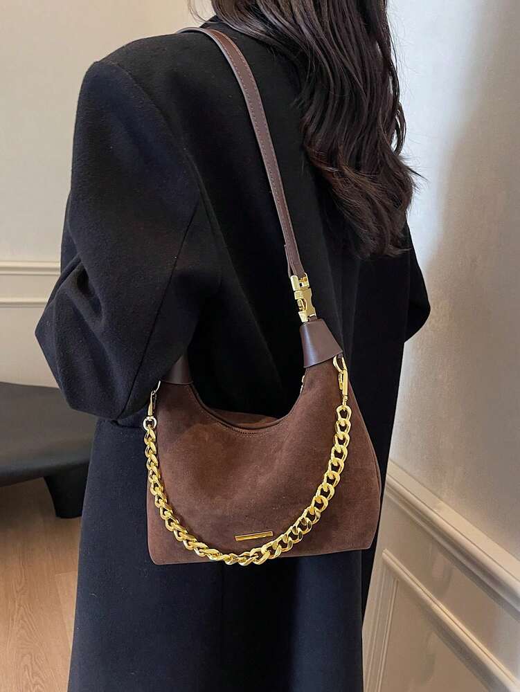Women's Retro Suede Underarm Bag With Chain Strap Lightweight Fashion Shoulder Purse Elegant Casual Office Commuter Autumn Daily Wear