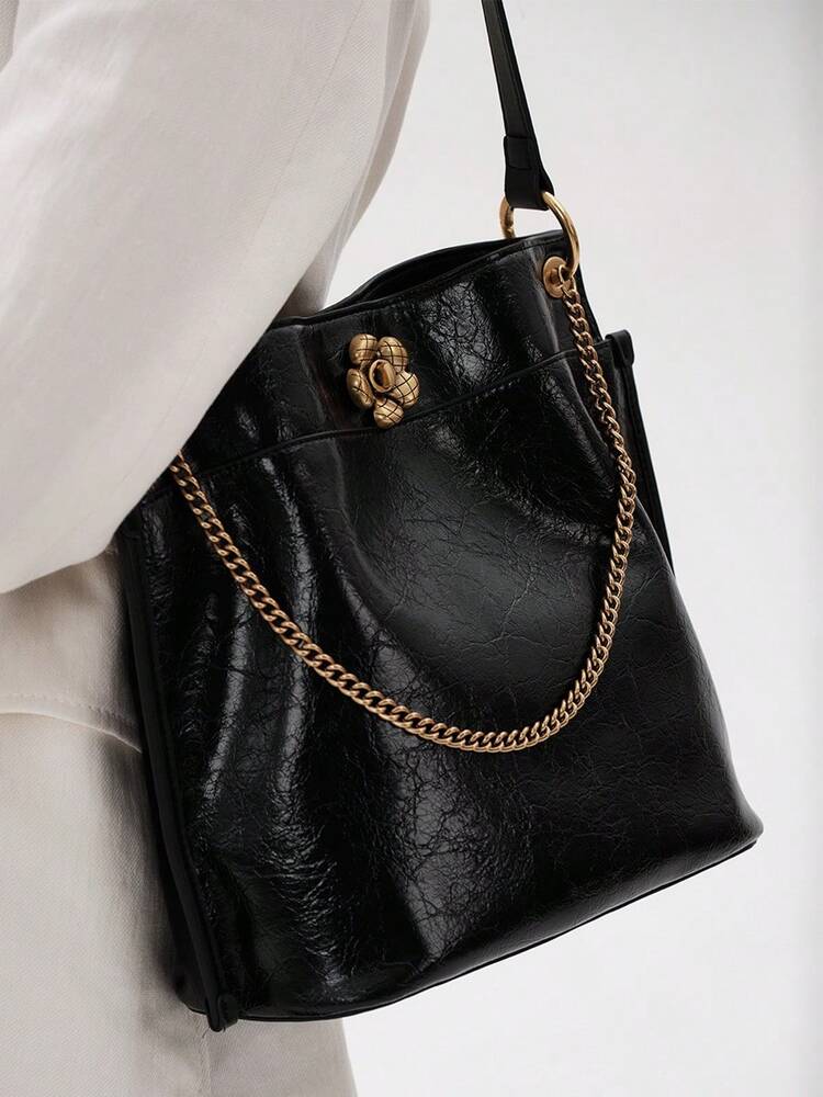 Women's Large Capacity Black Bucket Bag Fashion Shoulder Handbag Casual PU Leather Tote For Business Office Work School Travel Dating