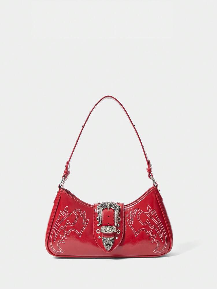 Women's Red Western Style Boho Shoulder Bag With Buckle And Embroidery Retro Cowgirl Purse Festival Party Coachella Casual Fashion Bag