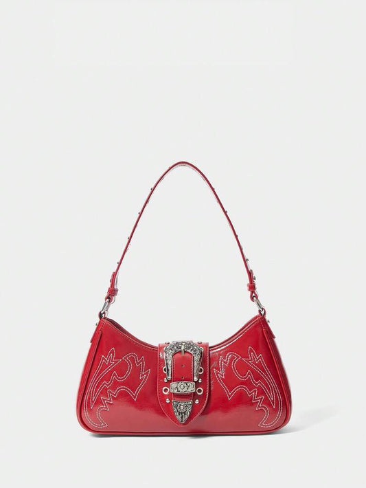 Women's Red Western Style Boho Shoulder Bag With Buckle And Embroidery Retro Cowgirl Purse Festival Party Coachella Casual Fashion Bag