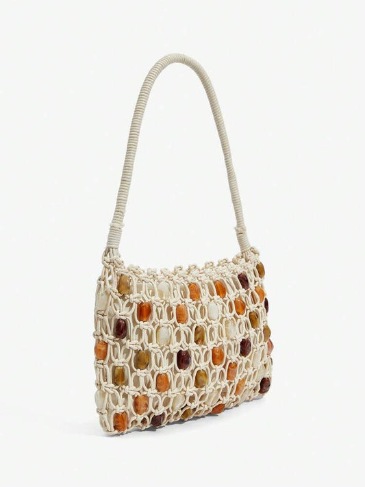 Women's Crochet Shoulder Bag With Acrylic Beads Elegant Hobo Purse Vacation Beach Summer Holiday Seaside Party Fashion Tote For Ladies