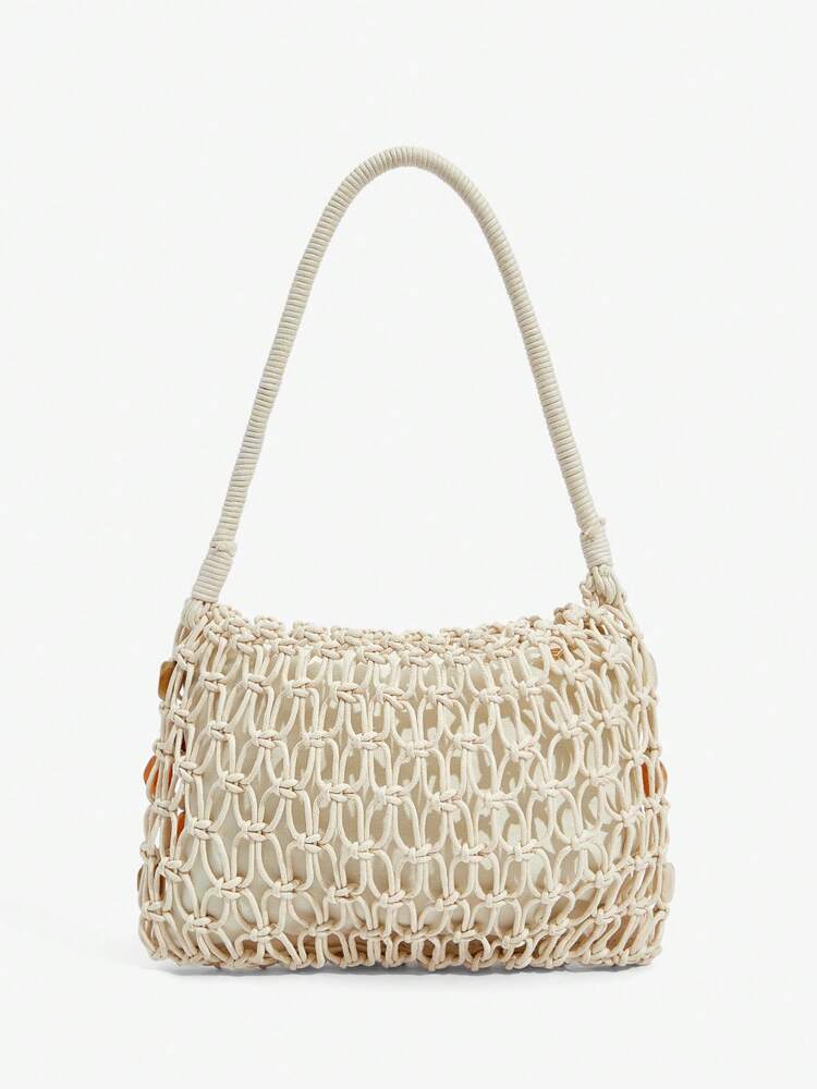 Women's Crochet Shoulder Bag With Acrylic Beads Elegant Hobo Purse Vacation Beach Summer Holiday Seaside Party Fashion Tote For Ladies