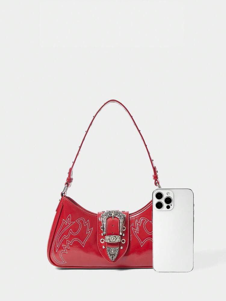 Women's Red Western Style Boho Shoulder Bag With Buckle And Embroidery Retro Cowgirl Purse Festival Party Coachella Casual Fashion Bag