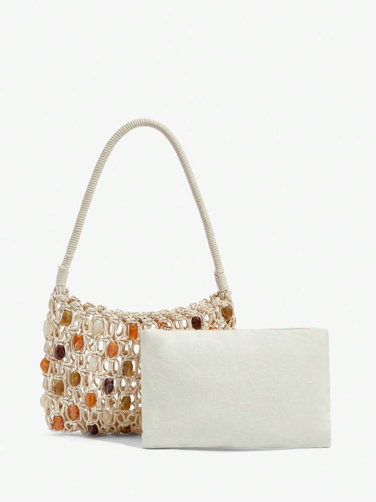 Women's Crochet Shoulder Bag With Acrylic Beads Elegant Hobo Purse Vacation Beach Summer Holiday Seaside Party Fashion Tote For Ladies