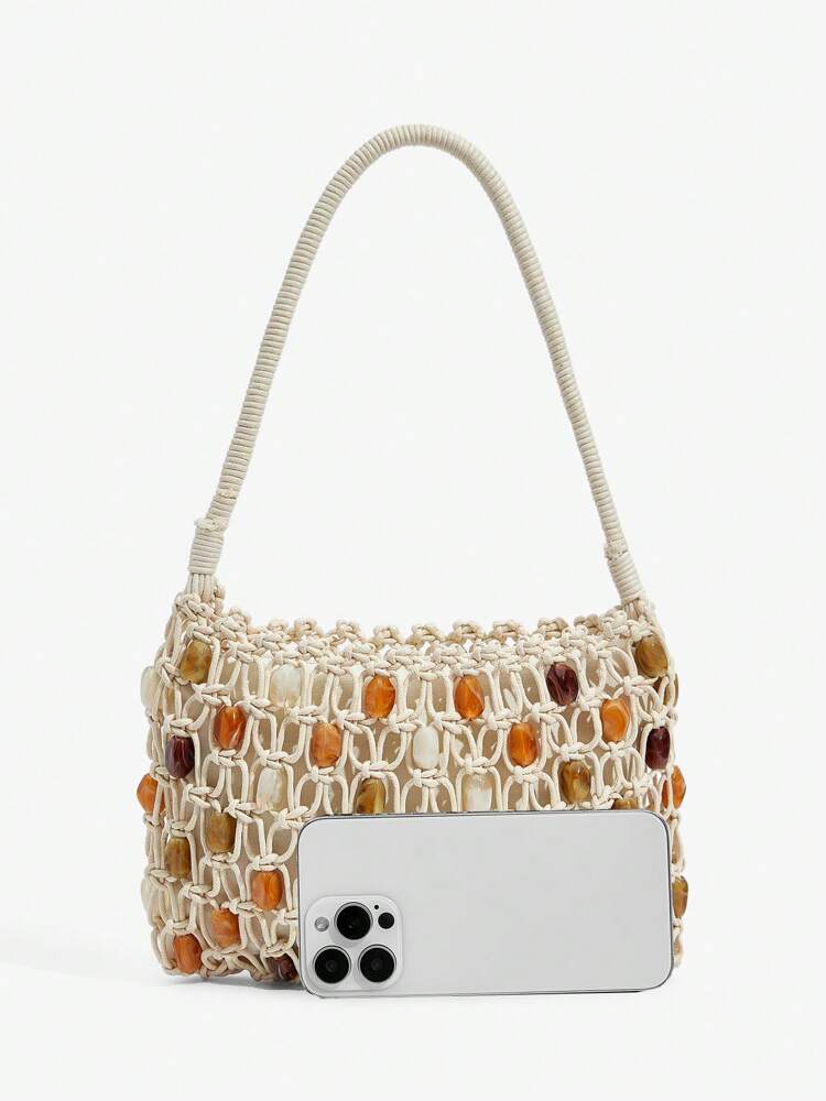 Women's Crochet Shoulder Bag With Acrylic Beads Elegant Hobo Purse Vacation Beach Summer Holiday Seaside Party Fashion Tote For Ladies