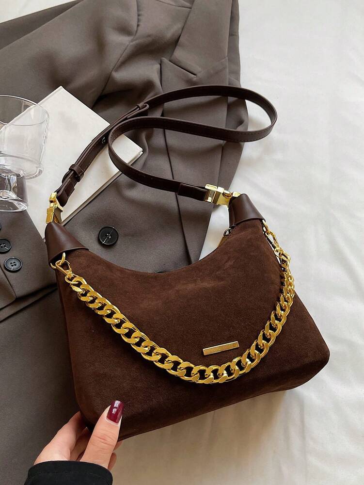 Women's Retro Suede Underarm Bag With Chain Strap Lightweight Fashion Shoulder Purse Elegant Casual Office Commuter Autumn Daily Wear
