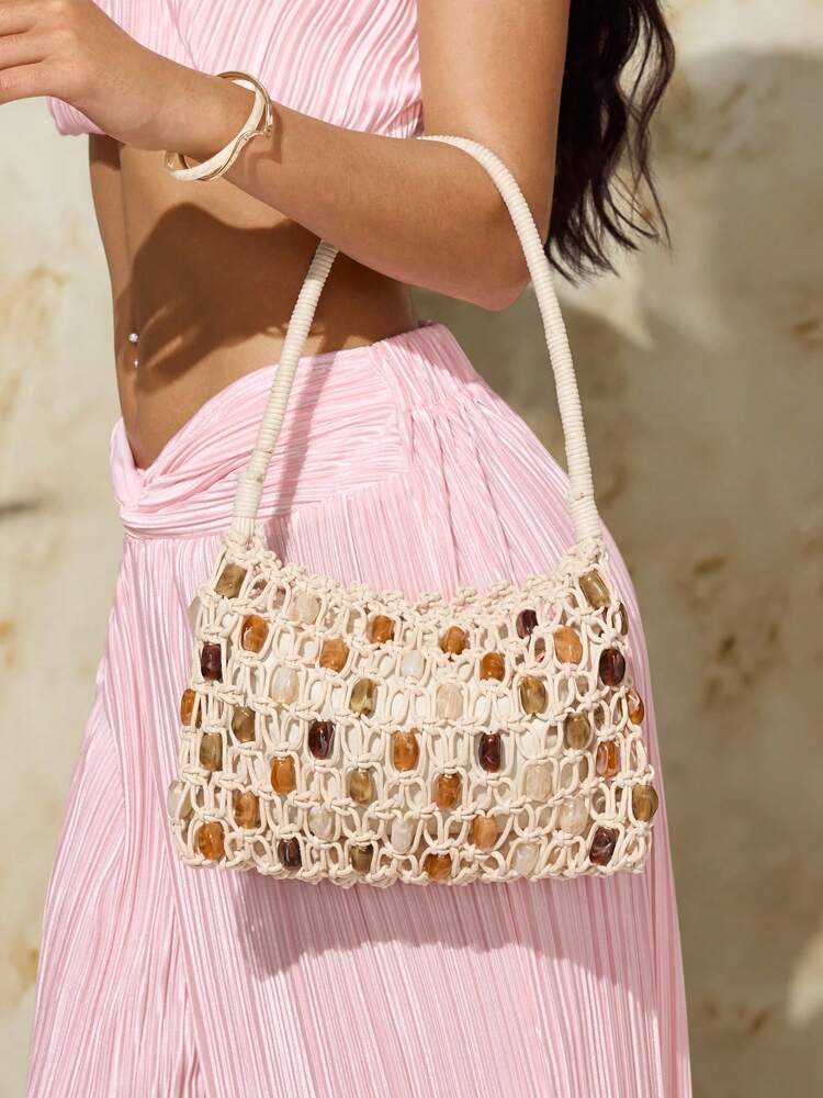 Women's Crochet Shoulder Bag With Acrylic Beads Elegant Hobo Purse Vacation Beach Summer Holiday Seaside Party Fashion Tote For Ladies