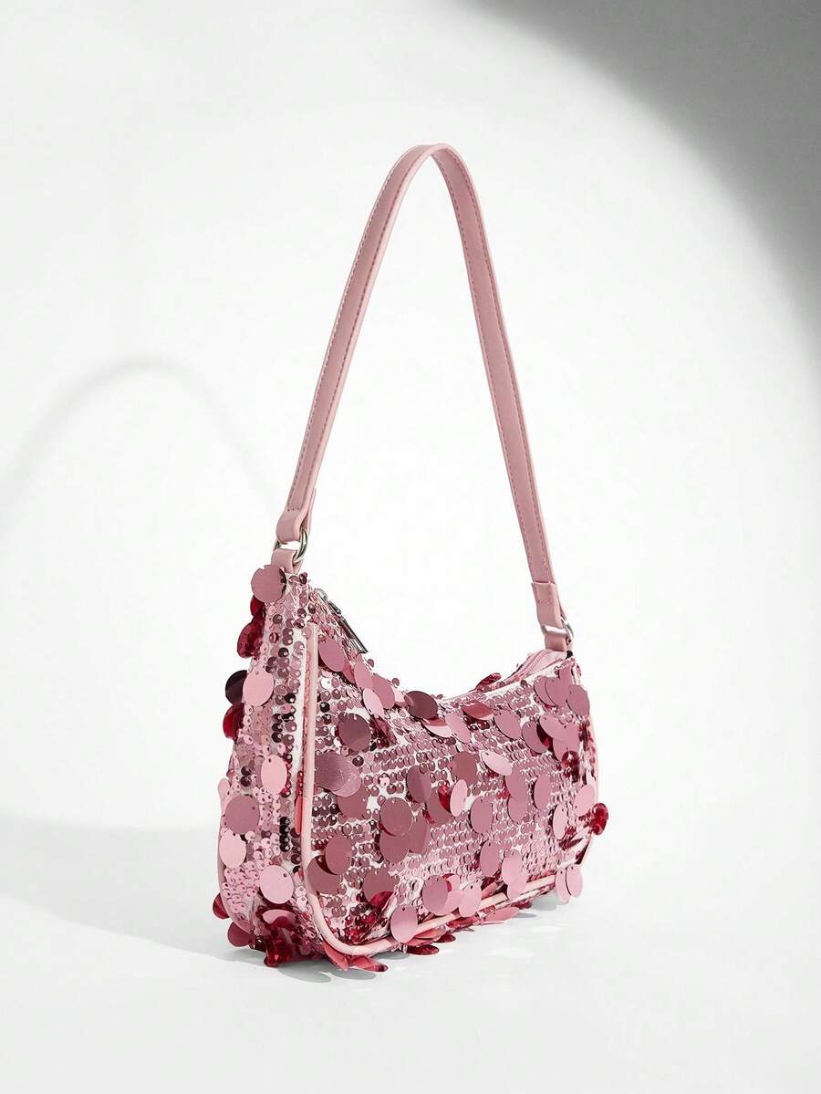 Women's Sequin Shoulder Bag With Beaded Decoration Elegant Evening Party Club Dinner Purse Sparkly Fashion Handbag Night Out Accessory